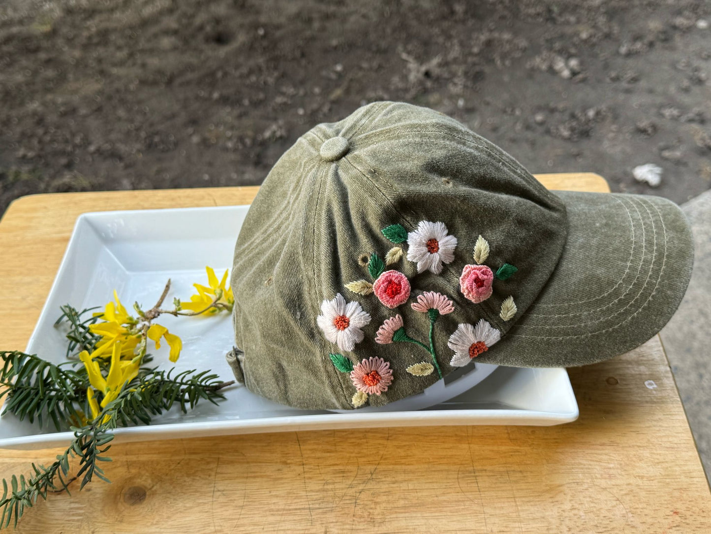 Floral Olive green Washed cotton Hat