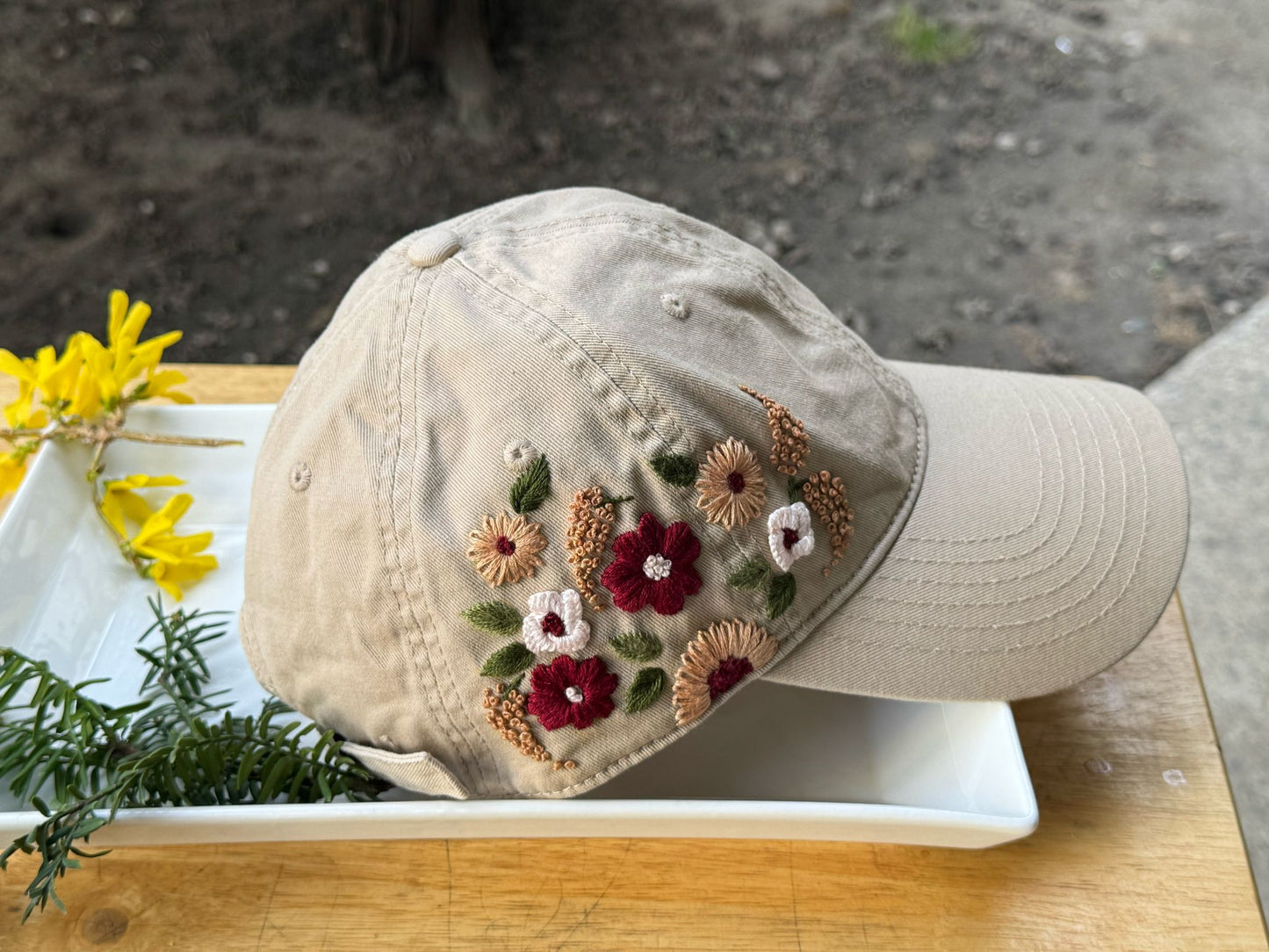 Floral  Maroon Beige Hat